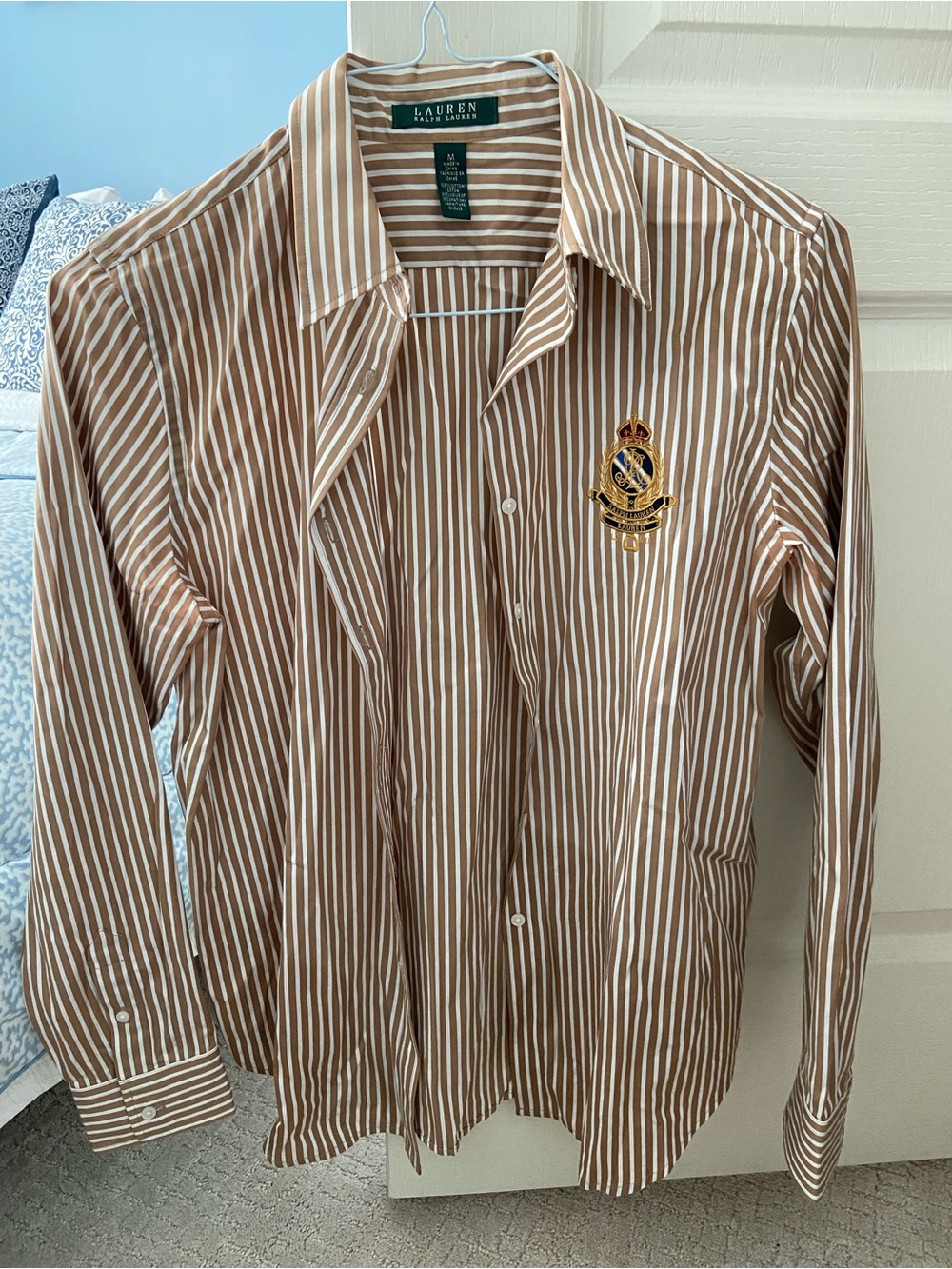 Ralph Lauren Brown and White Striped Crest Button-Down Shirt